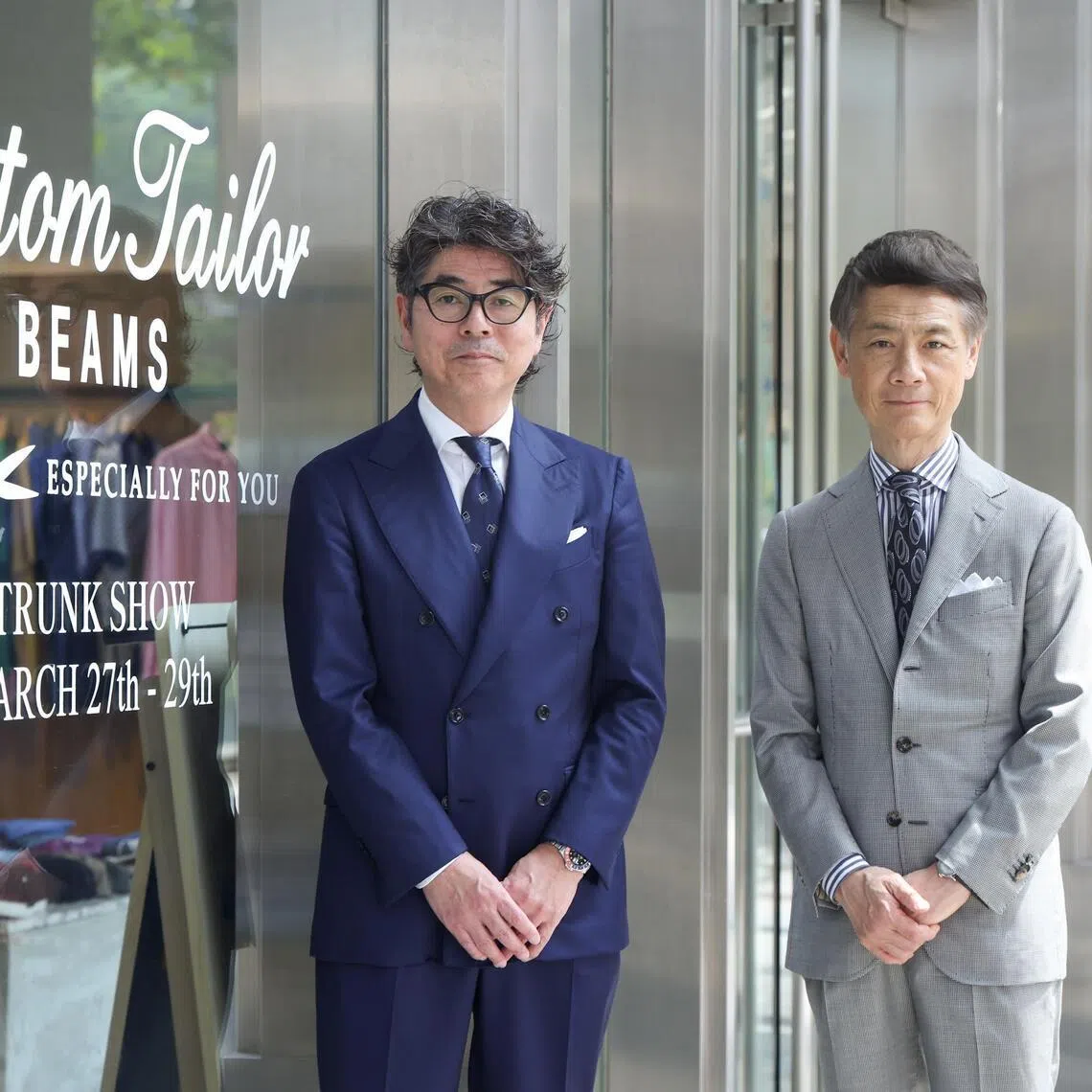 Beams creative director Mr. Tatsuya Nakamura (right), and head of suiting Mr. Tamao Shirai pictured at Colony Clothing at UE Square on March 30, 2026. 