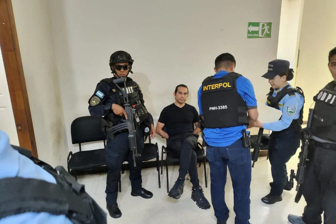 Salvadoran Manuel Coto Barrientos accused of money laundering in his country, is detained by Honduran authorities, in Choluteca, Honduras in this undated handout photo released on September 8, 2024.  Policia Nacional/Handout via REUTERS