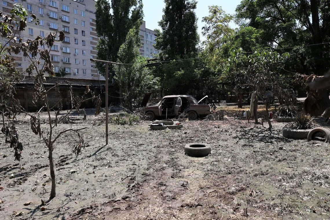 A photograph taken in Kherson on Tuesday shows an area which was flooded by rising water following the collapse of the Kakhovka hydroelectric power plant dam in Chornobaivka. 