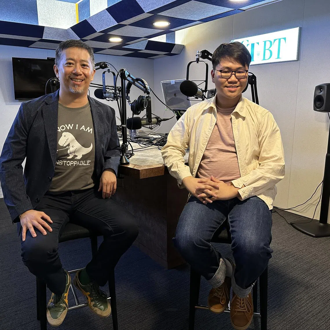 (From left) Mr Huang Wen, Asia-Pacific chief technology officer for information technology consultancy SoftServe, and host Tay Hong Yi in the podcast studio.