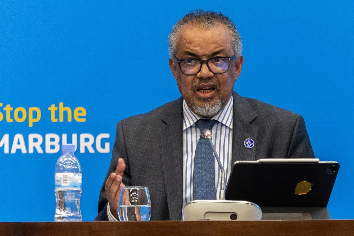 FILE PHOTO: World Health Organization Director-General Tedros Adhanom Ghebreyesus addresses a press conference on the Marburg virus outbreak at the Kigali Convention Center in Kigali, Rwanda, October 20, 2024. REUTERS/Jean Bizimana/File Photo