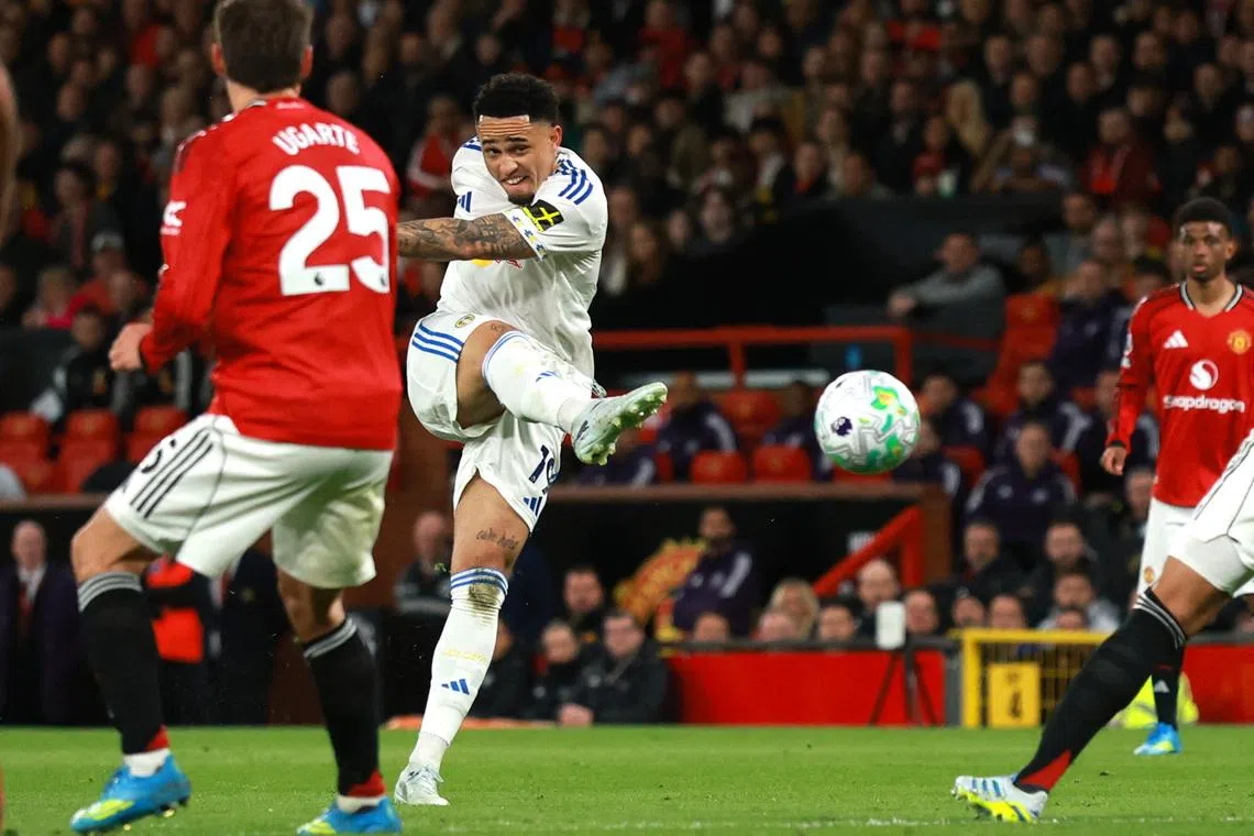 Leeds United's Noah Okafor scores their second goal against Manchester United at Old Trafford, Manchester, Britain.