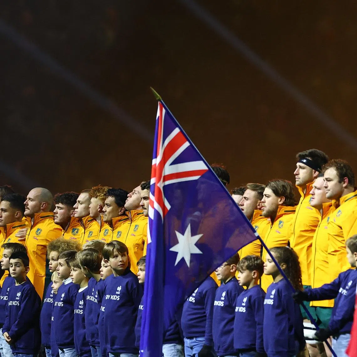 Rugby Union - Autumn Internationals - France v Australia - Stade de France, Saint-Denis, France - November 22, 2025 Australia players line up for the national anthems before the match REUTERS/Gonzalo Fuentes/File Photo