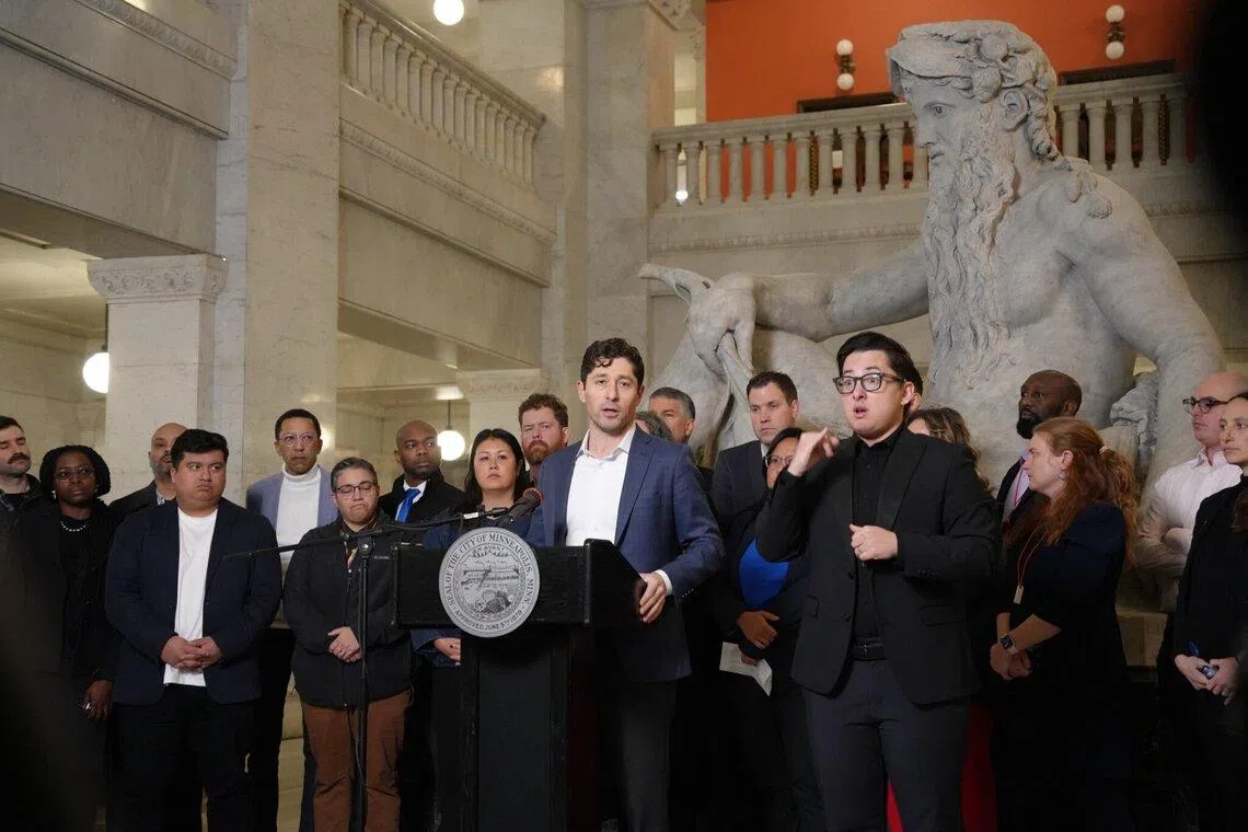 Minneapolis Mayor Jacob Frey giving a news conference on Jan 10, as civil liberties and migrant-rights groups prepared nationwide US rallies to protest the Jan 7 killing of Renee Good by an ICE officer.