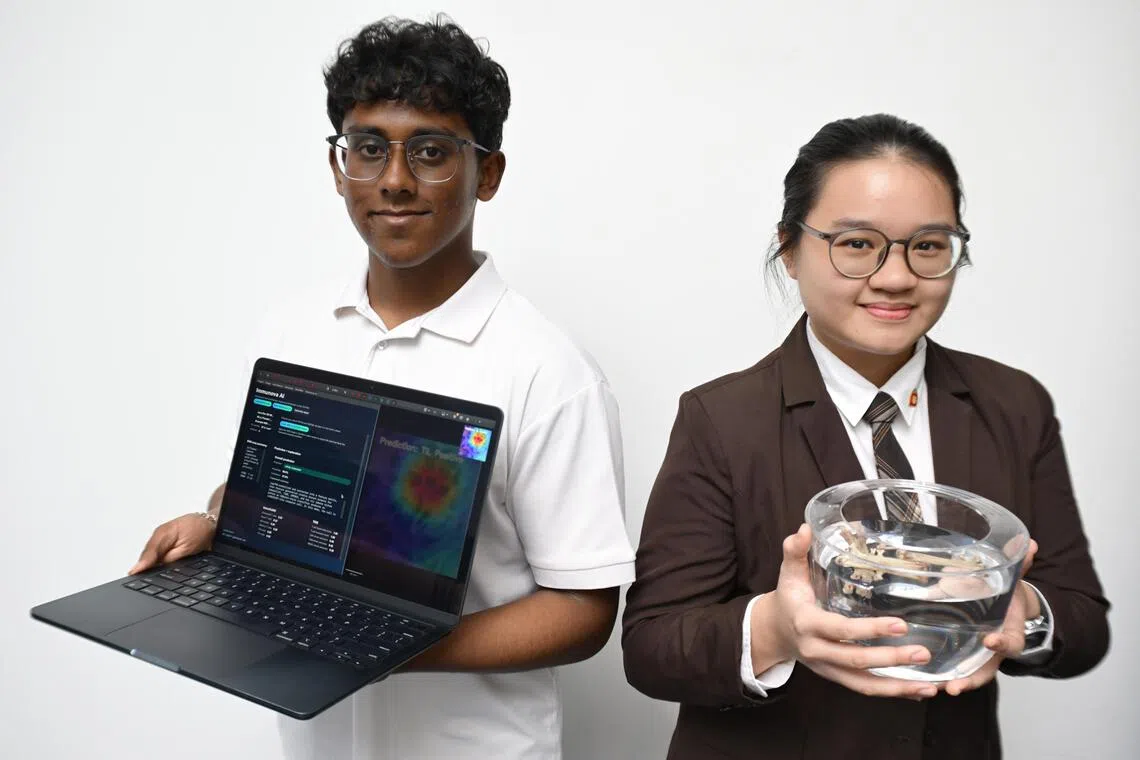 Aneesh Bondugula (left) developed an AI project to predict how patients will respond to cancer immunotherapy, while Shavonne Tok explored the use of discarded chicken bones to remove dye pollutants from water.