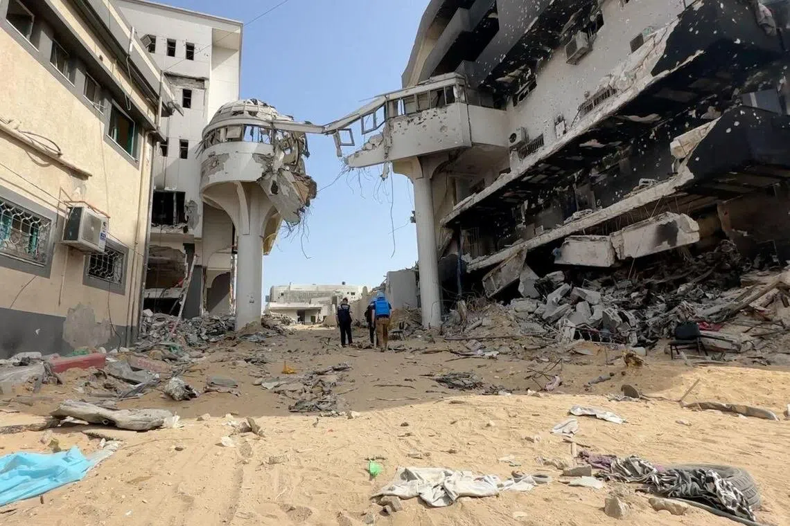 A view of the rubble at the destroyed Al Shifa Hospital during an inspection by the World Health Organisation, amid the ongoing conflict between Israel and Palestinian Islamist group Hamas, in Gaza City in this handout image released April 6, 2024.   Tedros Adhanom Ghebreyesus/Handout via REUTERS/File Photo