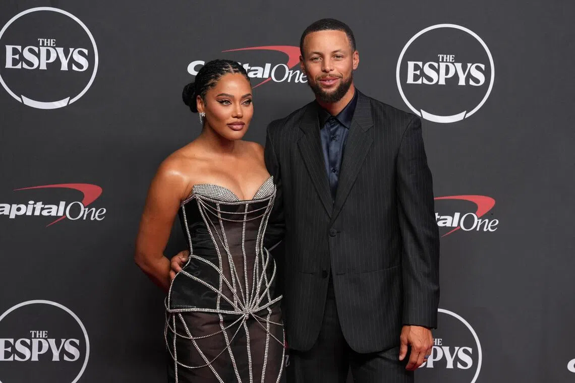 Golden State Warriors star Stephen Curry and his wife Ayesha Curry arrive on the red carpet before the 2026 ESPY Awards at Lincoln Center in New York, on July 15.
