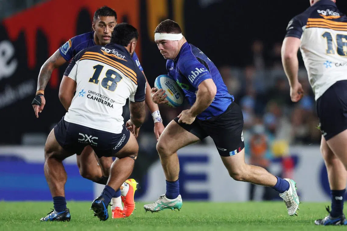 The Auckland Blues' Kurt Eklund making a run in the Super Rugby Pacific semi-final against the ACT Brumbies at Eden Park in Auckland on June 14, 2024.