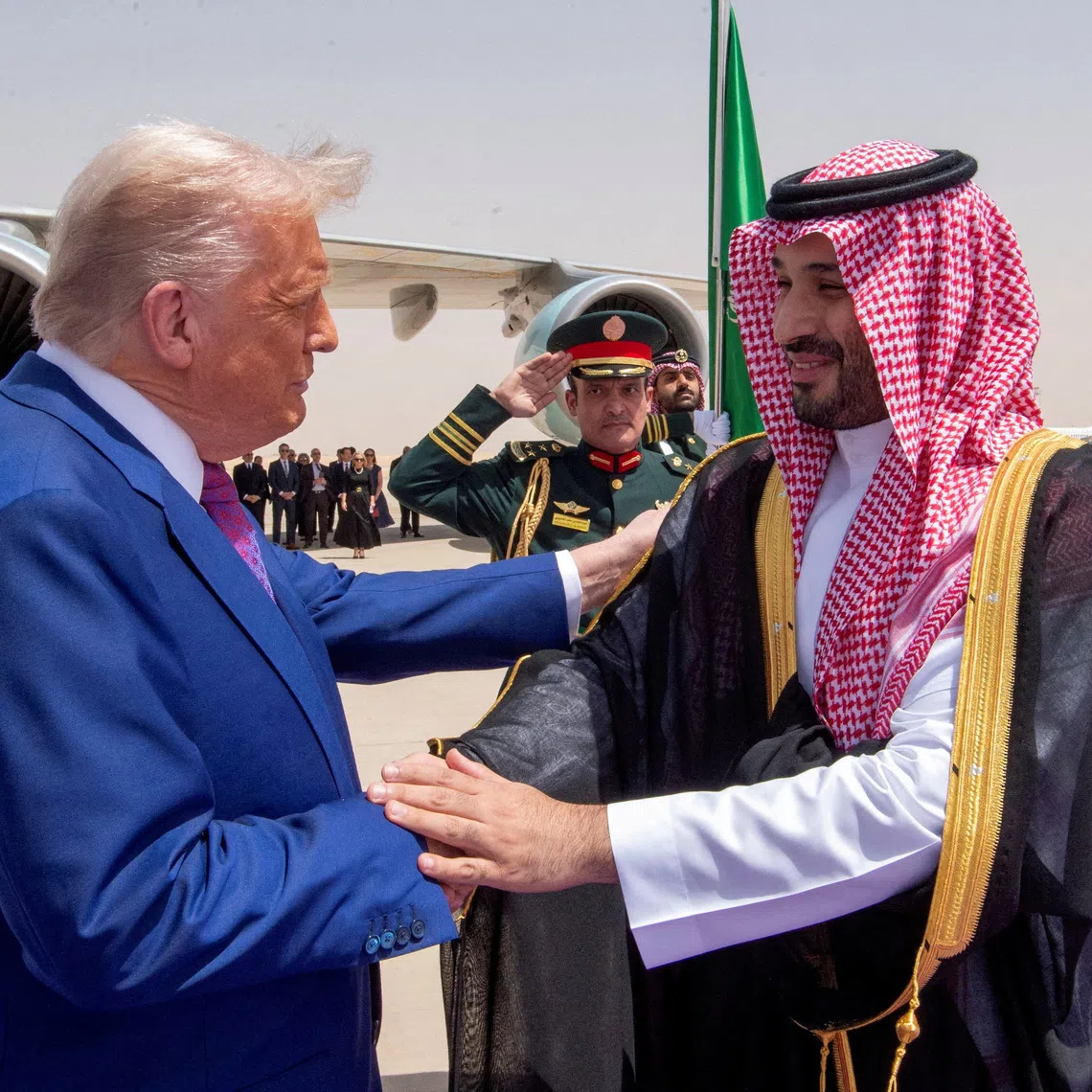 FILE PHOTO: U.S. President Donald Trump shakes hands with Saudi Crown Prince Mohammed Bin Salman during a welcoming ceremony in Riyadh, Saudi Arabia, May 13, 2025. Bandar Algaloud/Courtesy of Saudi Royal Court/Handout via REUTERS/File Photo