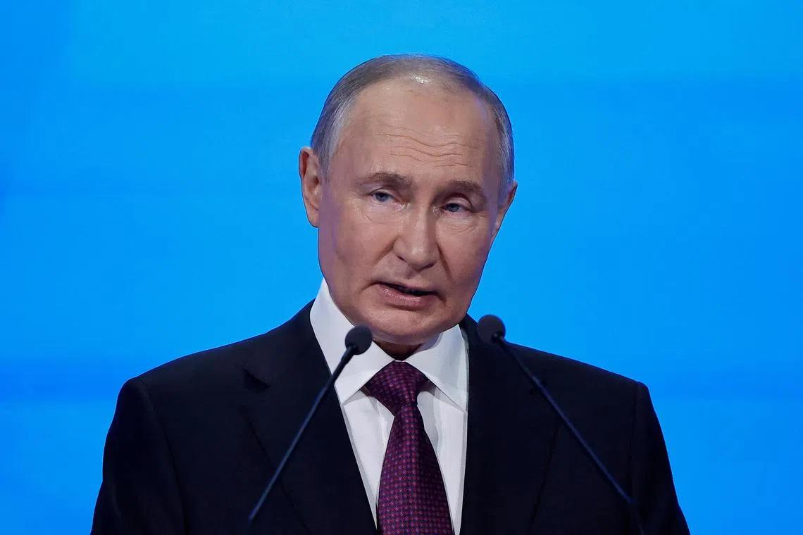 Russian President Vladimir Putin speaks at the Congress of the Russian Union of Industrialists and Entrepreneurs in Moscow, Russia April 25, 2024. REUTERS/Evgenia Novozhenina