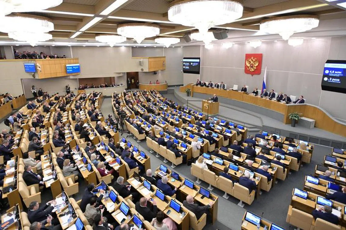 Russia's Prime Minister Mikhail Mishustin delivers a speech during a session of the State Duma, the lower house of parliament, in Moscow, Russia April 7, 2022. Sputnik/Alexander Astafyev/Pool via REUTERS/File Photo
