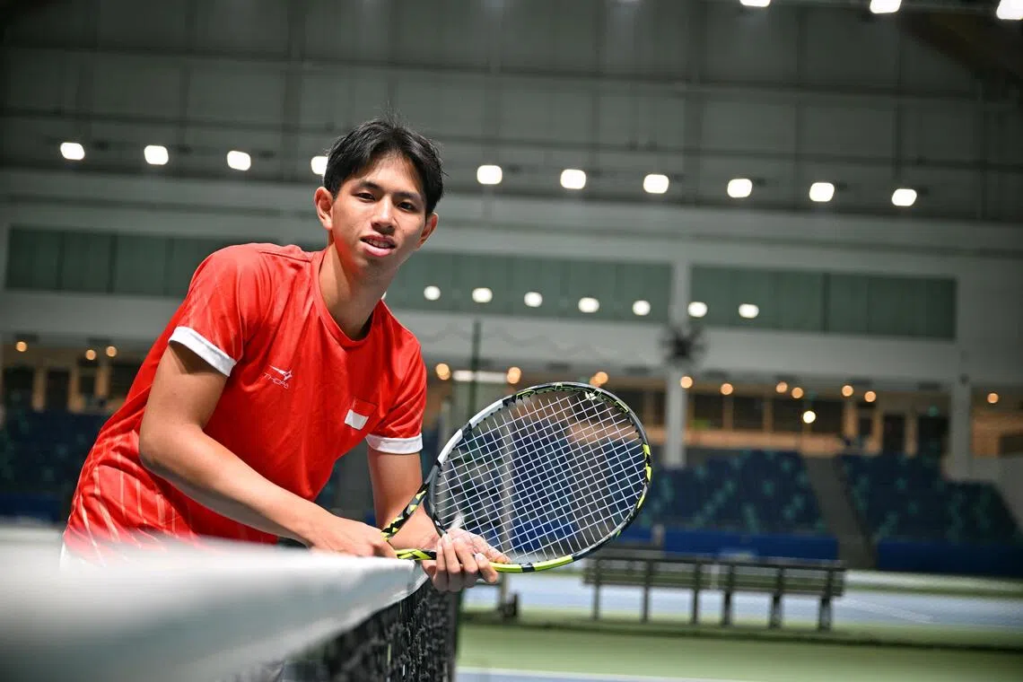 National tennis player Jaden Dewandaka Tan training at the Kallang Tennis Hub on Sept 17. He is one of the four male debutants in the men’s team competing in the Singapore Tennis Invitational Cup.