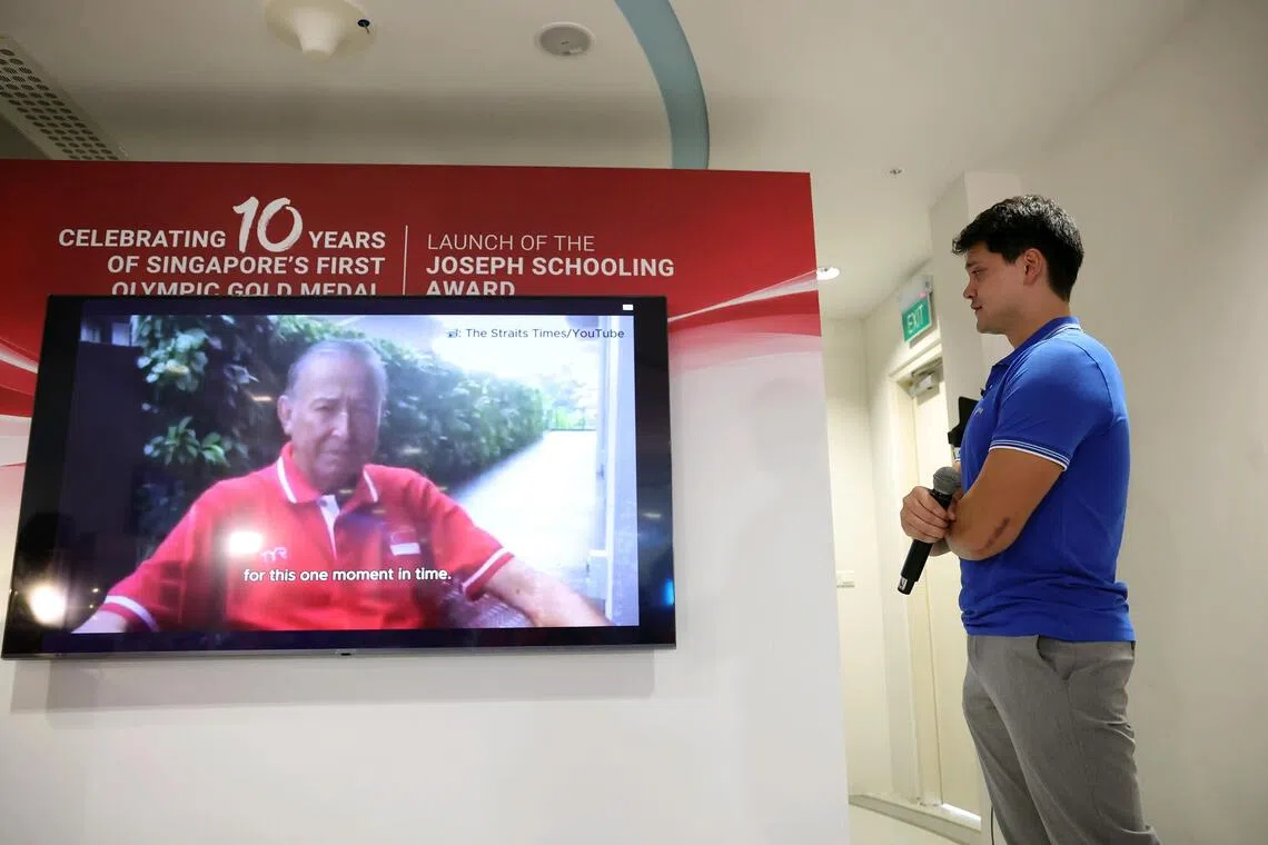 Joseph Schooling holding back tears during the event while watching an old clip of his late father Colin urging him to “stun the world”.