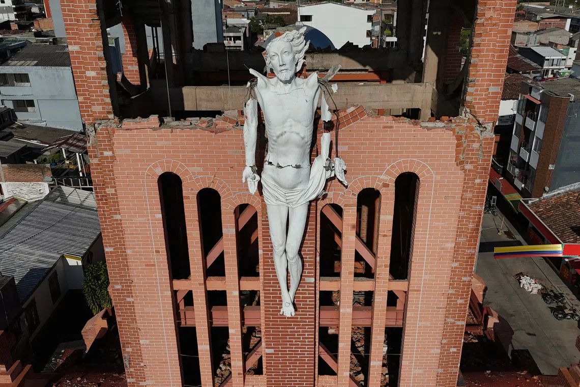 A drone image of a church damaged by the earthquake in Quimbaya, Colombia, August 18, 2026. REUTERS/Luisa Gonzalez     TPX IMAGES OF THE DAY