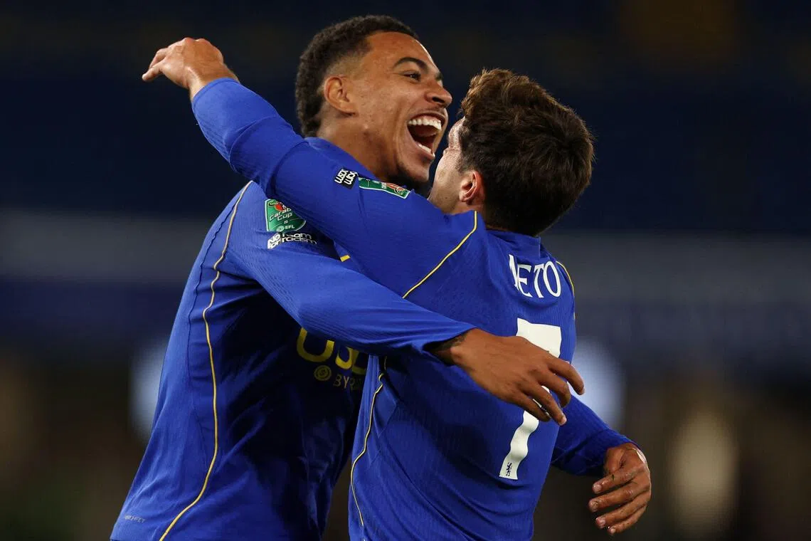 Chelsea’s Morgan Rogers (left) celebrating with Pedro Neto after scoring their third goal in a 6-3 win over Leeds United in a League Cup third-round match on Sept 9.