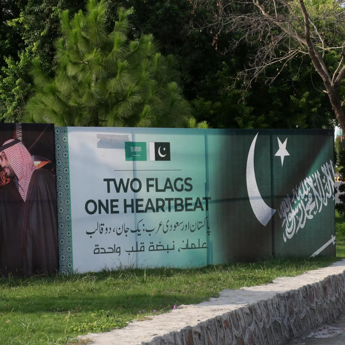 A billboard depicting Pakistan’s Army Chief Field Marshal General Asim Munir and Saudi Crown Prince Mohammed bin Salman  in Islamabad in September. 