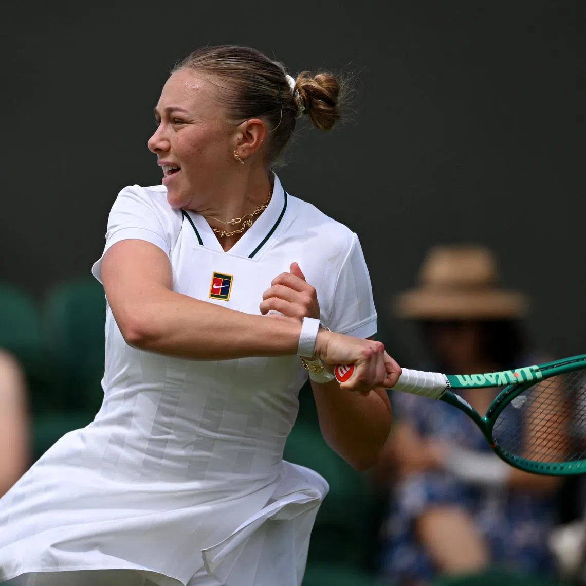 Tennis - Wimbledon - All England Lawn Tennis and Croquet Club, London, Britain - June 30, 2026 Amanda Anisimova of the U.S. in action during her first round match against North Macedonia's Lina Gjorcheska REUTERS/Jaimi Joy