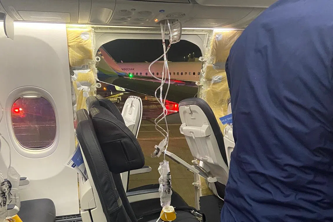 Social media posts showed a window and portion of a side wall missing on the Alaska Airlines plane, and oxygen masks deployed.