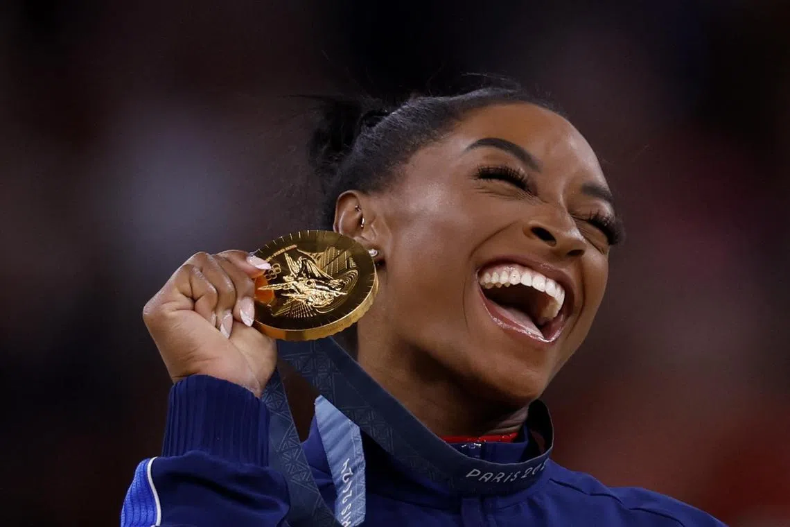 Gold medallist Simone Biles dominated the competition with her signature Biles II vault to beat Brazilian Rebeca Andrade.