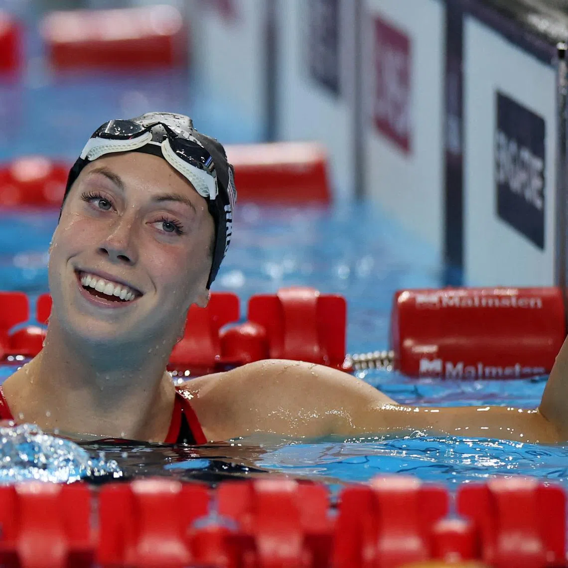 Swimming - World Aquatics Championships - Women 50m Butterfly Finals - World Aquatics Championships Arena, Singapore - August 2, 2025 Gretchen walsh of the U.S. celebrates after winning the final REUTERS/Hollie Adams