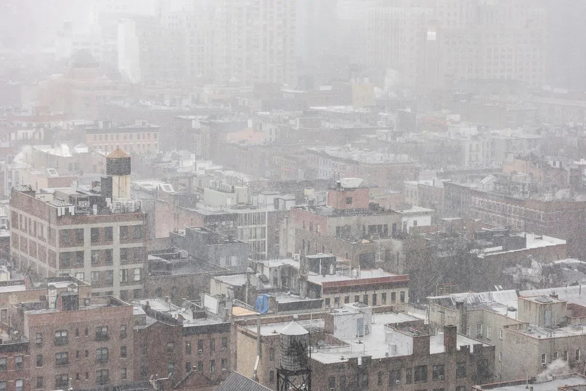 Snow covers residential buildings during a winter storm in the Brooklyn Borough of New York City, U.S., February 22, 2026. REUTERS/Jeenah Moon