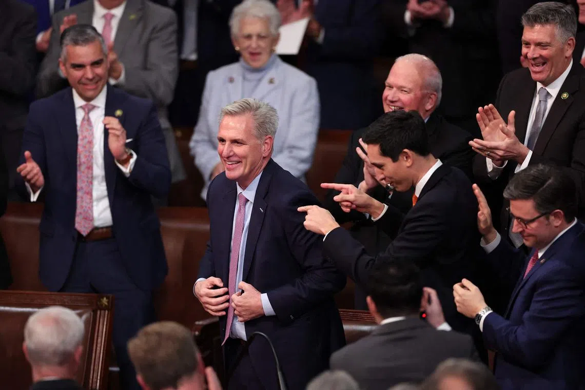 US House Republican Leader Kevin McCarthy celebrates after being elected Speaker of the House, on Jan 7, 2023.