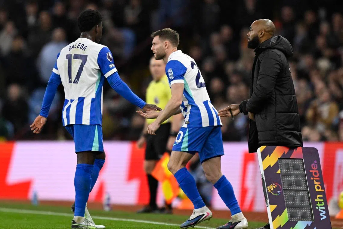 Soccer Football - Premier League - Aston Villa v Brighton & Hove Albion - Villa Park, Birmingham, Britain - February 11, 2026 Brighton & Hove Albion's James Milner comes on as a substitute to replace Carlos Baleba to equal the Premier League appearance record REUTERS/Tony O Brien