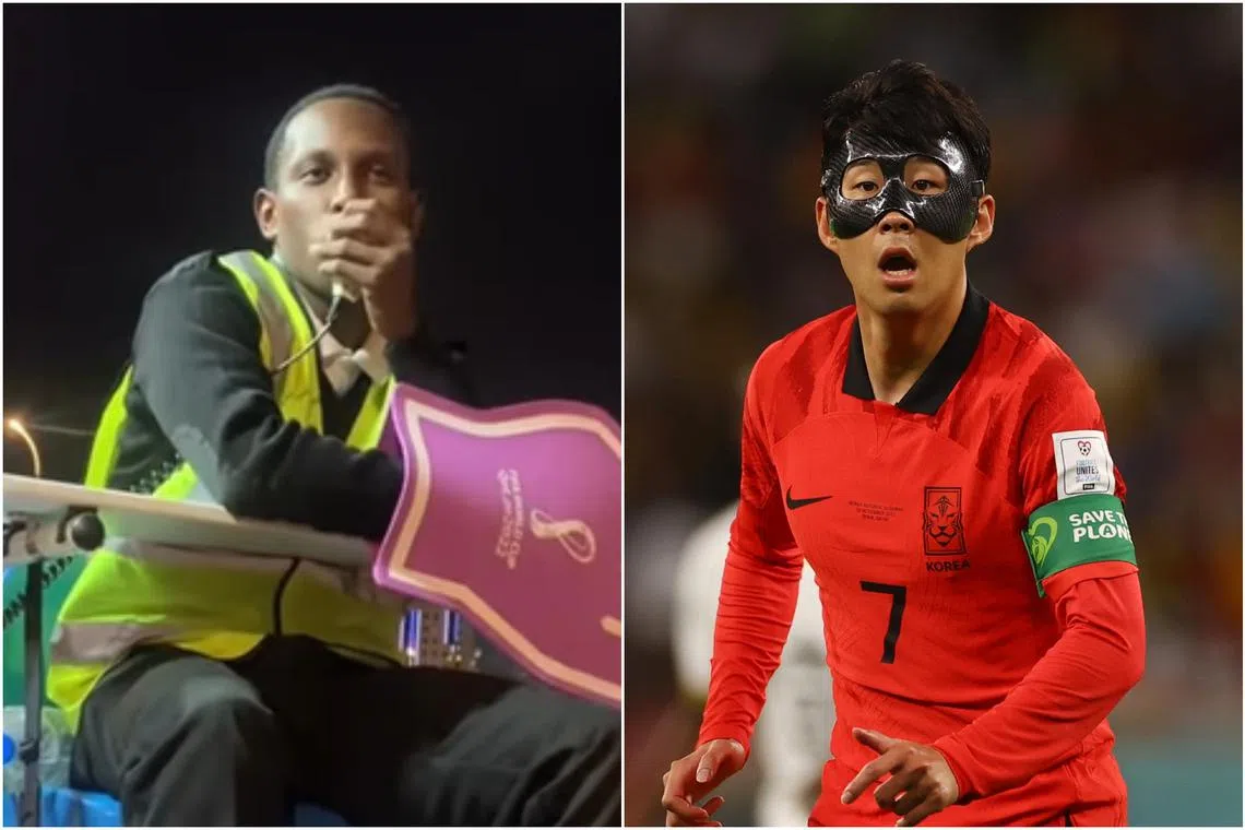 World Cup employee Abubakr Abbass (left), who directs fans to the metro station, and South Korean player Son Heung-min.