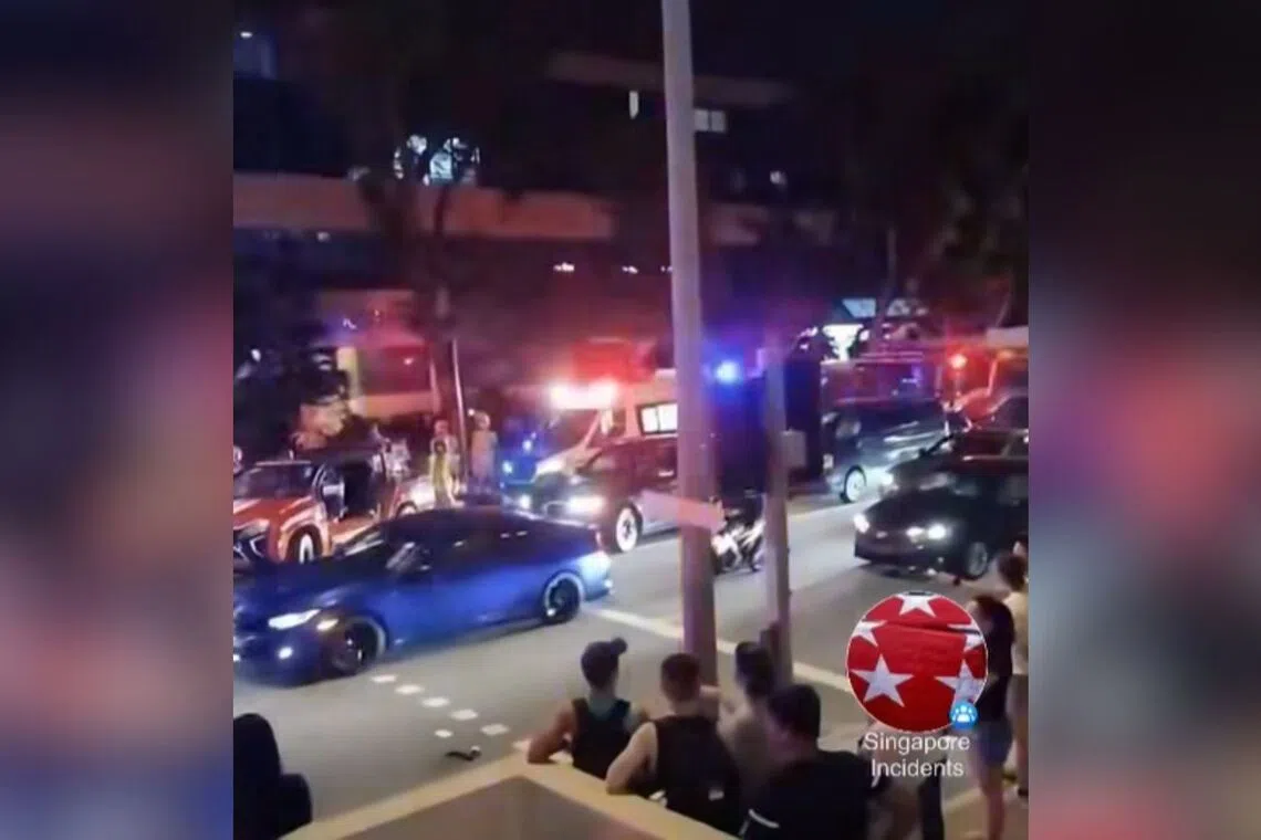 A cyclist, 52, and motorcyclist, 53, were taken conscious to Changi General Hospital after being involved in a multi-vehicle accident.