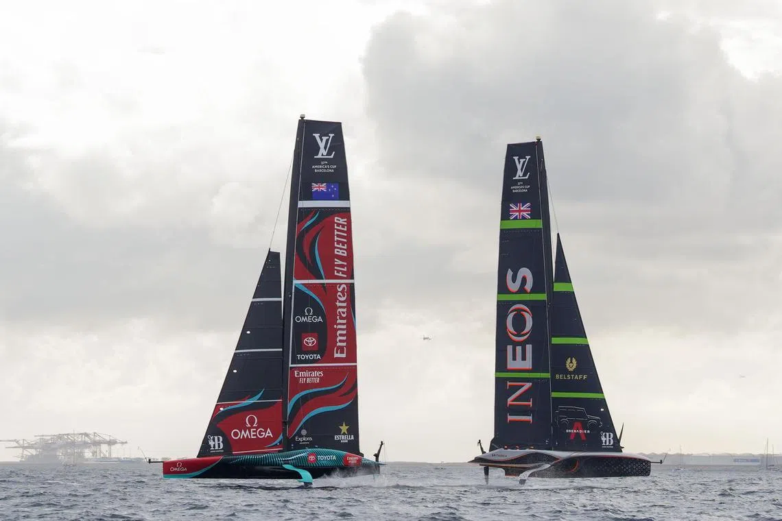 Emirates Team New Zealand and INEOS Britannia compete on Day 1 of the 37th America's Cup in Barcelona.