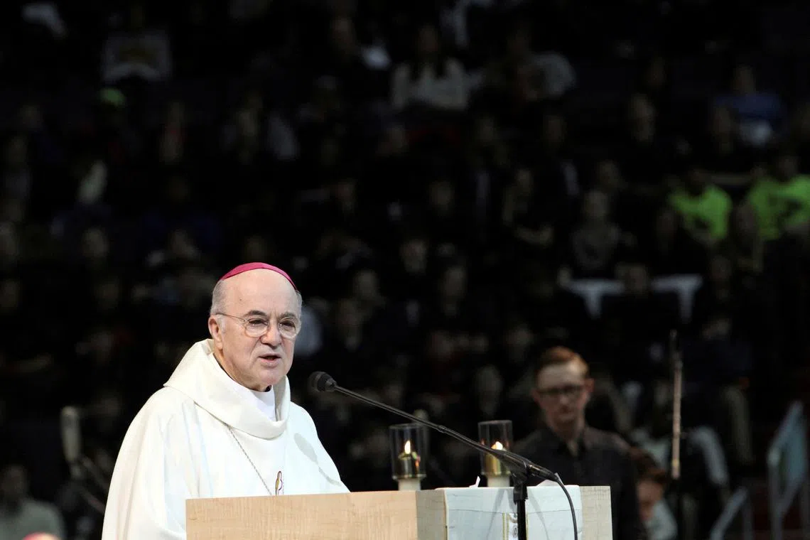 FILE PHOTO: Archbishop Carlo Maria Vigano speaks during a pro-life youth Mass at the Verizon Center in Washington, U.S., January 22, 2015. REUTERS/Gregory A. Shemitz/File Photo