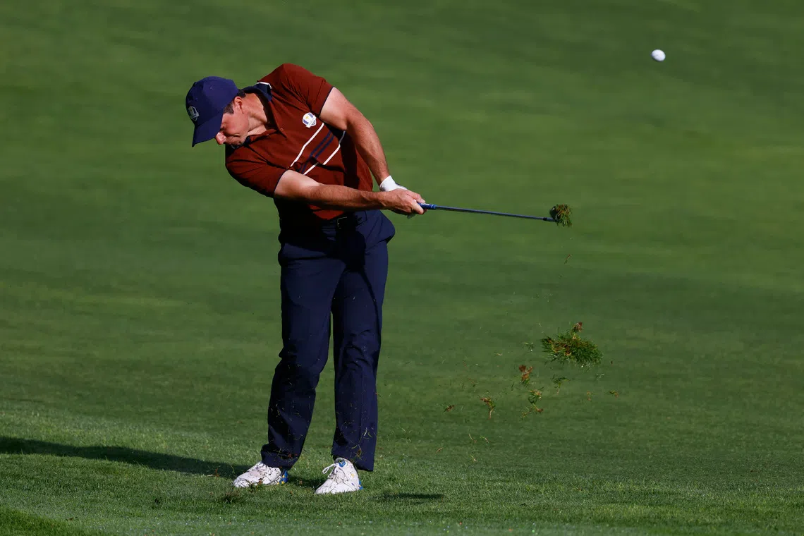 Golf - The 2025 Ryder Cup - Bethpage Black Golf Course, Farmingdale, New York, United States - September 27, 2025 Team Europe's Viktor Hovland hits his approach on the 6th hole during the foursomes IMAGN IMAGES via Reuters/Peter Casey