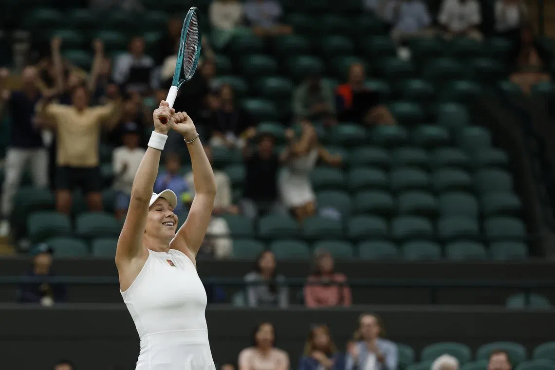 Jul 6, 2025; Wimbledon, United Kingdom; Amanda Anisimova (USA) celebrates after match point against Linda Noskova (CZE)(not pictured) on day seven of The Championships Wimbledon 2025 at All England Lawn Tennis and Croquet Club. Mandatory Credit: Geoff Burke-Imagn Images