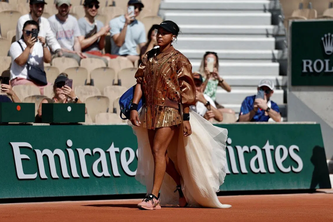 Japan's Naomi Osaka entering the court for her second round match against Croatia's Donna Vekic at the French Open in Paris, on May 28, 2026.