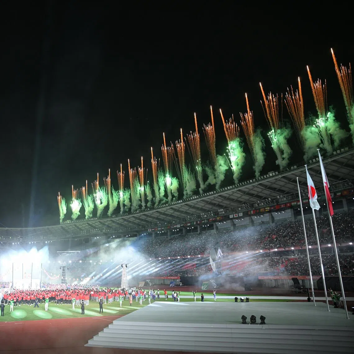 Pyrotechnics on display at the end of the Asian Games closing ceremony at the Paloma Mizuho Stadium in Nagoya, Aichi, on Oct 4.
