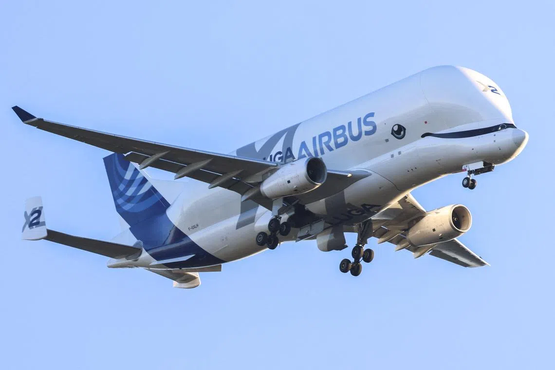 An Airbus A330-743L Beluga XL arriving from Madrid approaches the Toulouse-Blagnac airport in Toulouse, south-western France, on September 25, 2023. (Photo by Charly TRIBALLEAU / AFP)