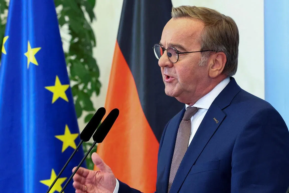 FILE PHOTO: German Defence Minister Boris Pistorius speaks during a press conference with German Chancellor Friedrich Merz (not pictured), after a cabinet meeting at the Defence Ministry in Berlin, Germany August 27, 2025. REUTERS/Christian Mang/File Photo