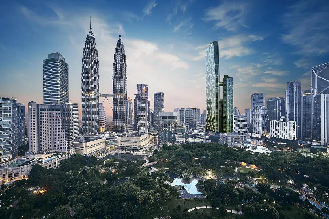 An artist's impression of the Oxley Towers in Kuala Lumpur City Centre developed by Oxley Holdings. Located in close proximity to the iconic Petronas Twin Towers, this mixed-use development consists of Jumeirah Living Kuala Lumpur Residences tower, So Sofitel Kuala Lumpur Residences tower, office tower and retail podium. 