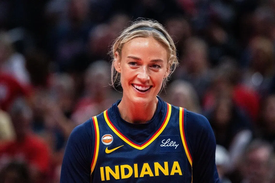 Jul 18, 2026; Indianapolis, Indiana, USA; Indiana Fever guard Sophie Cunningham (8) in the second half against the New York Liberty at Gainbridge Fieldhouse. Mandatory Credit: Trevor Ruszkowski-Imagn Images
