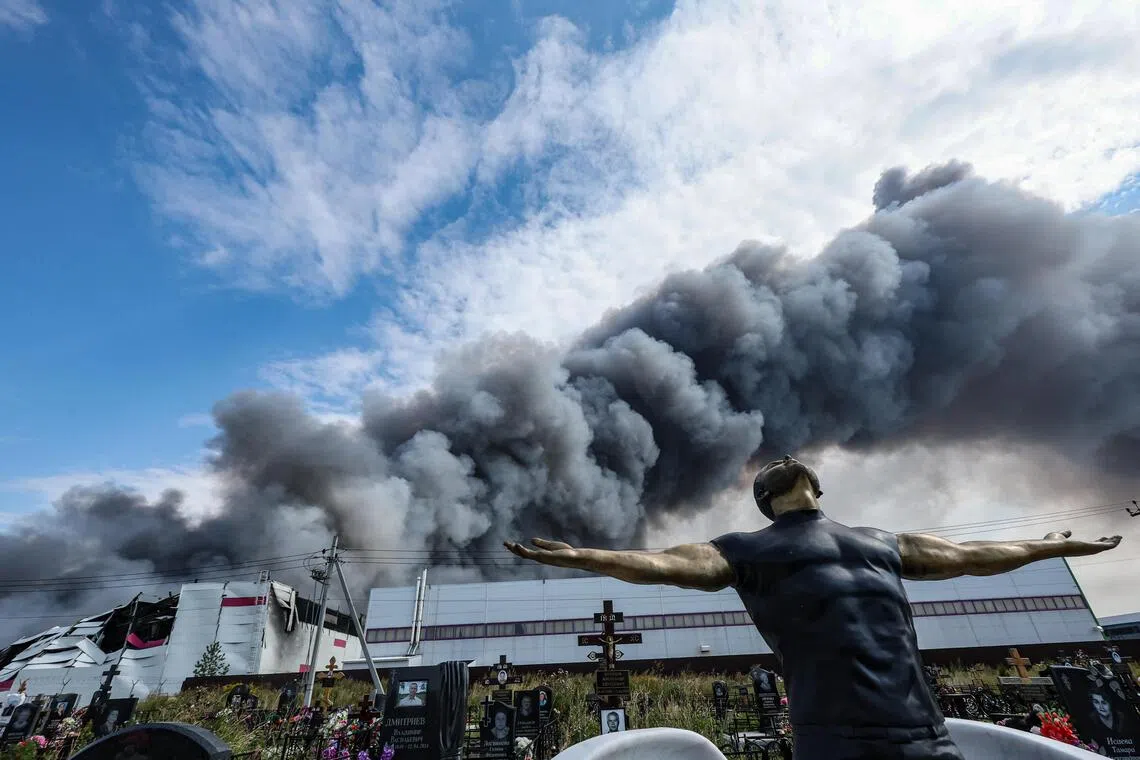 Smoke rises above a Wildberries facility following a reported Ukrainian drone strike on Aug 16.