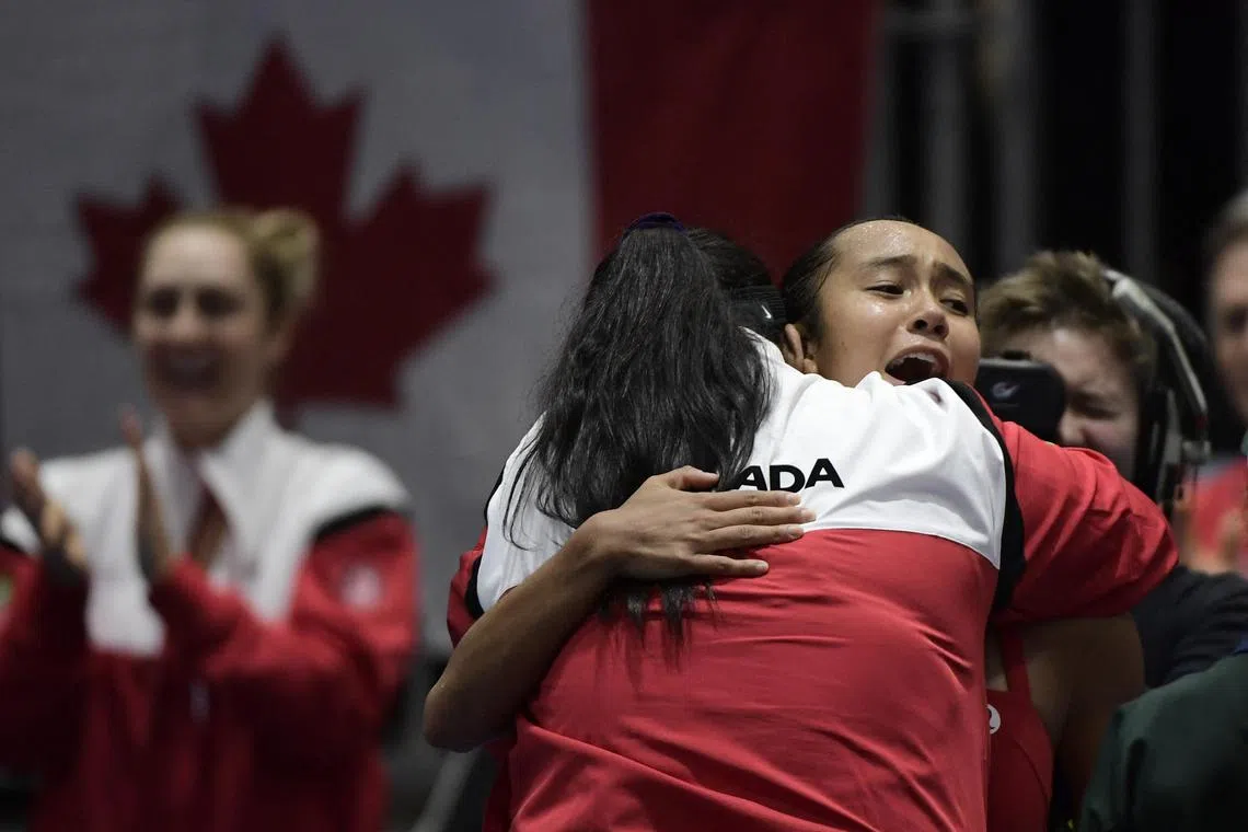 Canada's Leylah Fernandez celebrating after beating Poland's Magda Linette duringthe Billie Jean King Cup Finals 2023 in La Cartuja stadium in Seville.