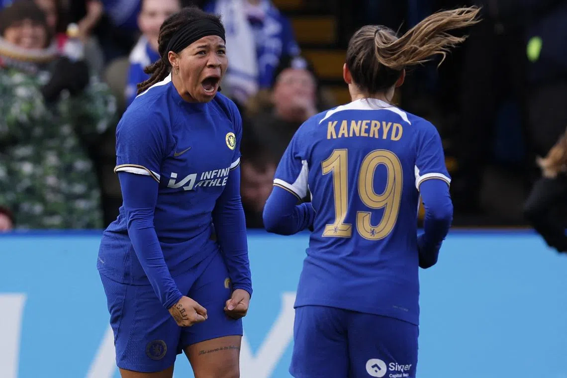 Soccer Football -  Women's FA Cup - Fourth Round - Chelsea v West Ham United - Kingsmeadow, London, Britain - January 14, 2024  Chelsea's Mia Fishel celebrates scoring their first goal with Johanna Rytting Kaneryd Action Images via Reuters/Andrew Couldridge/File Photo