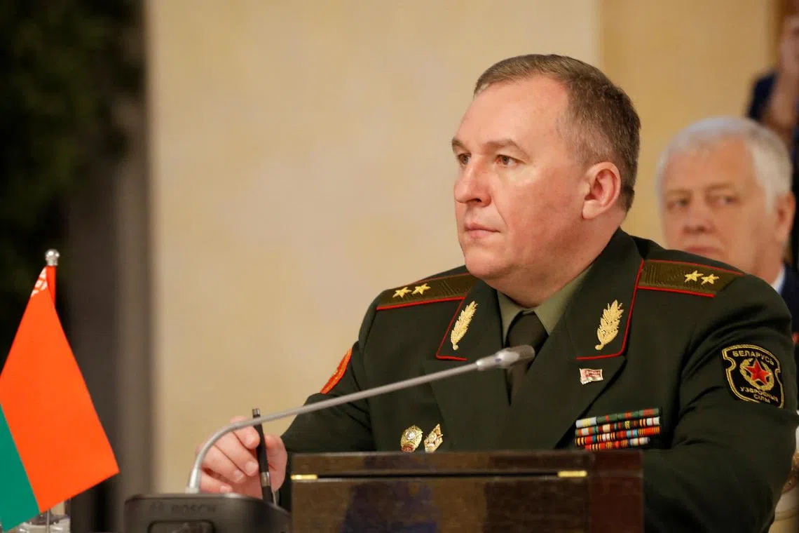 FILE PHOTO: Belarusian Defence Minister Viktor Khrenin attends a meeting of the Collective Security Treaty Organization (CSTO) Defence Ministers' Council in Almaty, Kazakhstan May 31, 2024. REUTERS/Pavel Mikheyev/File Photo