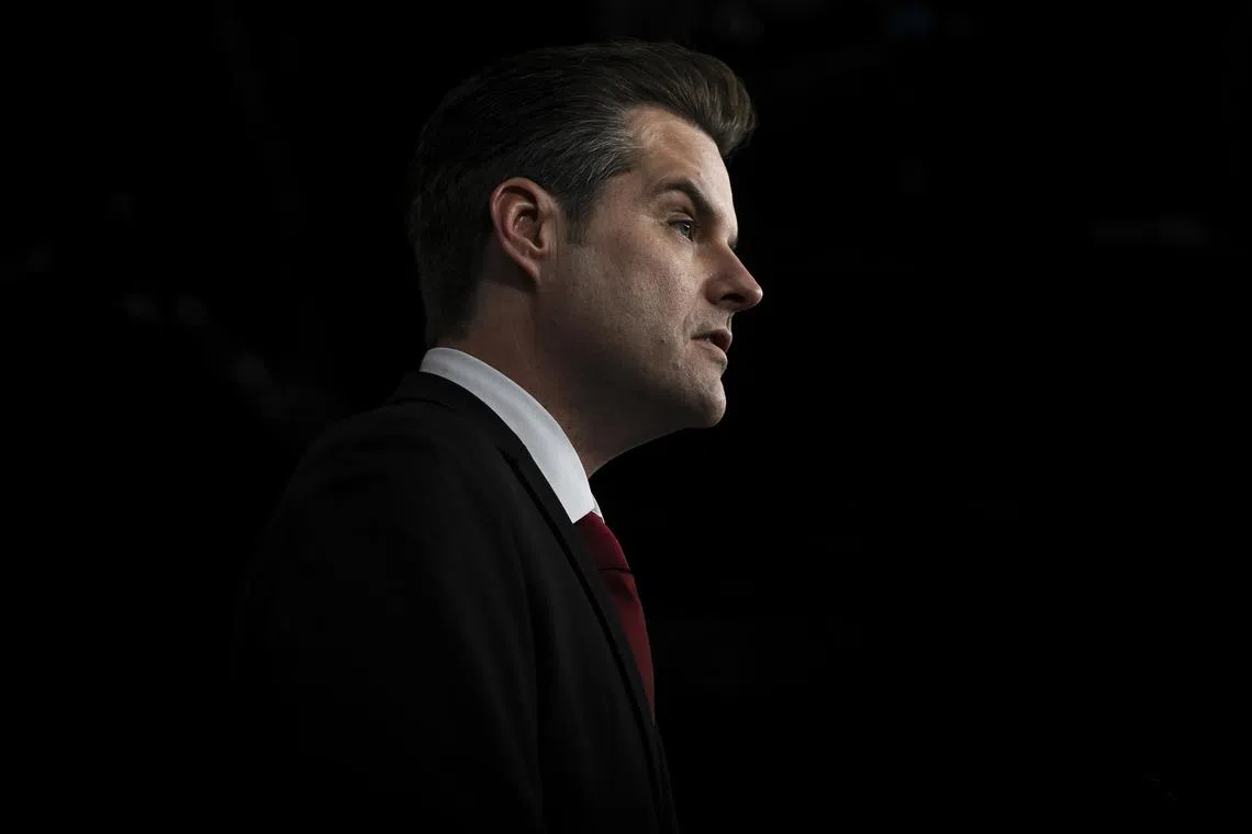 FILE Ñ Rep. Matt Gaetz (R-Fla.) speaks during a House Freedom Caucus news conference about FISA (Foreign Intelligence Surveillance Act) reauthorization on Capitol Hill in Washington, Feb. 13, 2024. Federal investigators established a trail of payments from Gaetz, President-elect Donald TrumpÕs choice to be attorney general, to women including some who testified that Gaetz hired them for sex, according to a document obtained by The New York Times and a lawyer representing some of the women. (Kenny Holston/The New York Times)