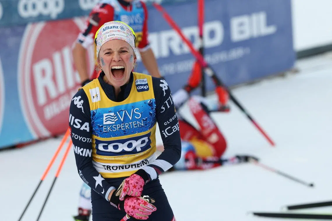 Skiing - FIS World Cup Cross-Country and Nordic Combined Skiing - Granasen, Norway - December 6, 2025 Jessie Diggins of the U.S. celebrates after winning the women's 20km cross-country skiing  Geir Olsen/NTB via REUTERS