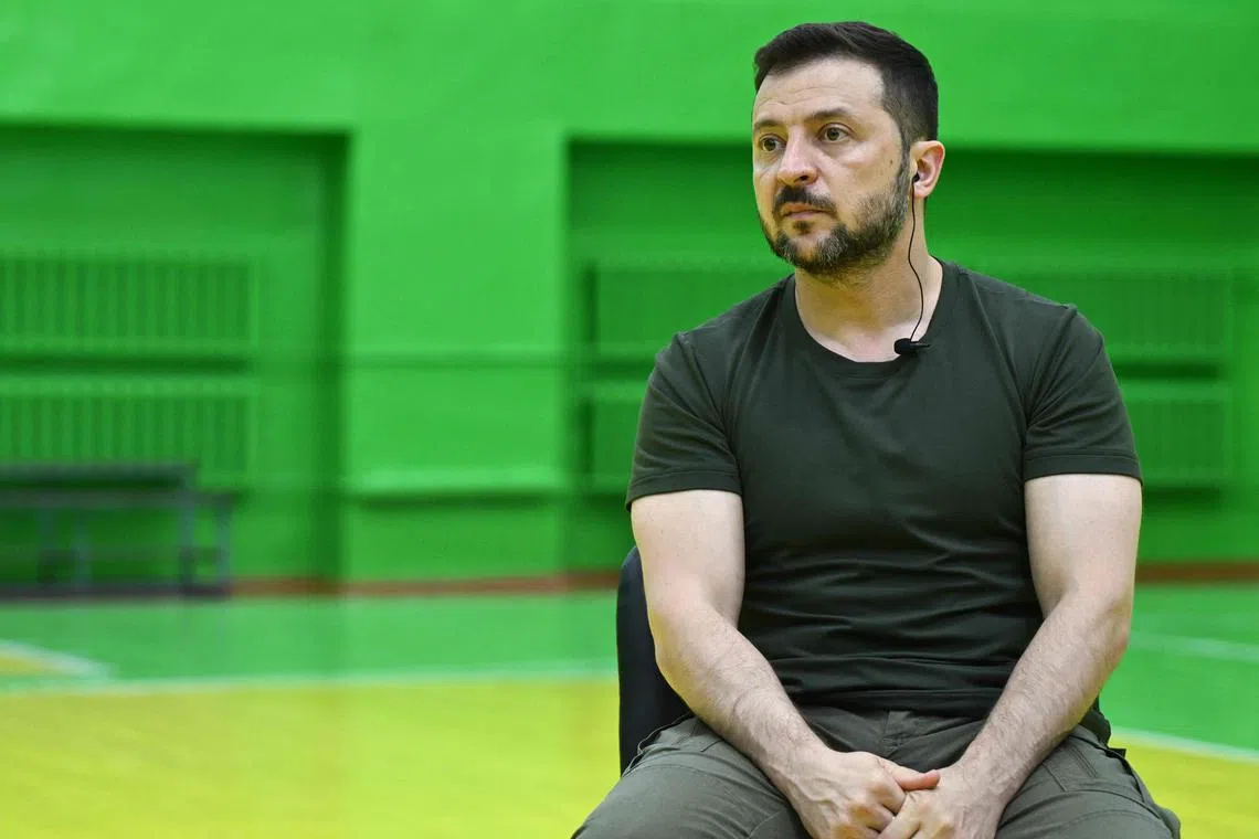 Ukrainian President Volodymyr Zelensky taking part in an interview with French media outlets, including AFP, in Rivne, on July 30.