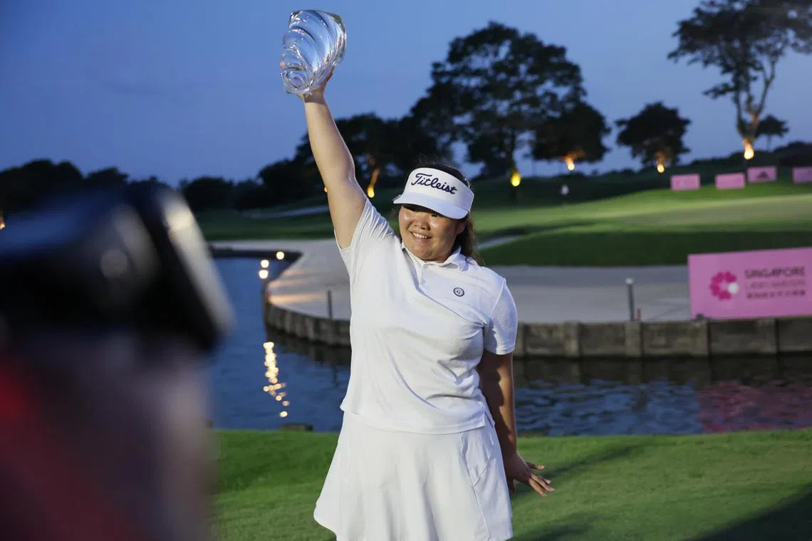 Pang Runzhi, 17, poses with her trophy at the Singapore Ladies Masters held at Laguna National Golf Resort Club on June 16, 2024.