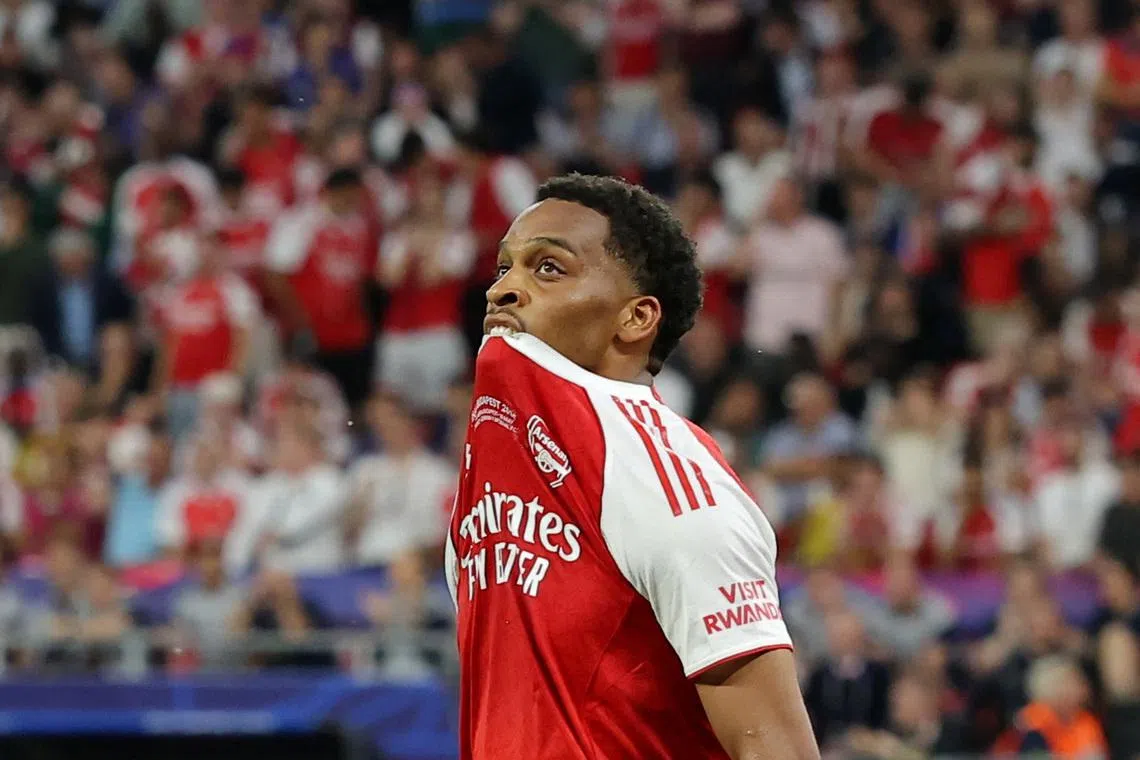 Arsenal's Jurrien Timber reacts, Soccer Football, UEFA Champions League, Final, Paris St Germain v Arsenal, Puskas Arena, Budapest, Hungary, May 30, 2026. REUTERS/Bernadett Szabo