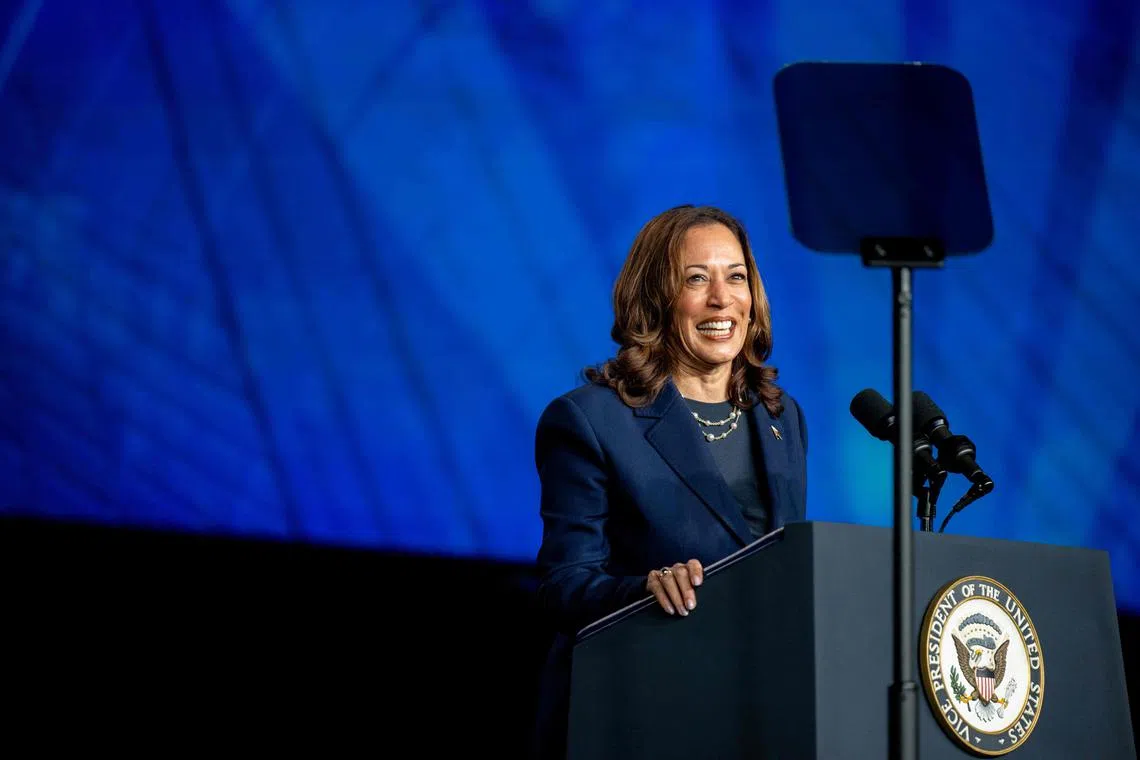 HOUSTON, TEXAS - JULY 31: Democratic Presidential candidate, U.S. Vice President Kamala Harris smiles upon arrival during the Sigma Gamma Rho's 60th International Biennial Boule at the George R. Brown Convention Center on July 31, 2024 in Houston, Texas. Vice President Harris continues campaigning around the country against Republican presidential nominee, former President Donald Trump ahead of the November 5 presidential election.   Brandon Bell/Getty Images/AFP (Photo by Brandon Bell / GETTY IMAGES NORTH AMERICA / Getty Images via AFP)