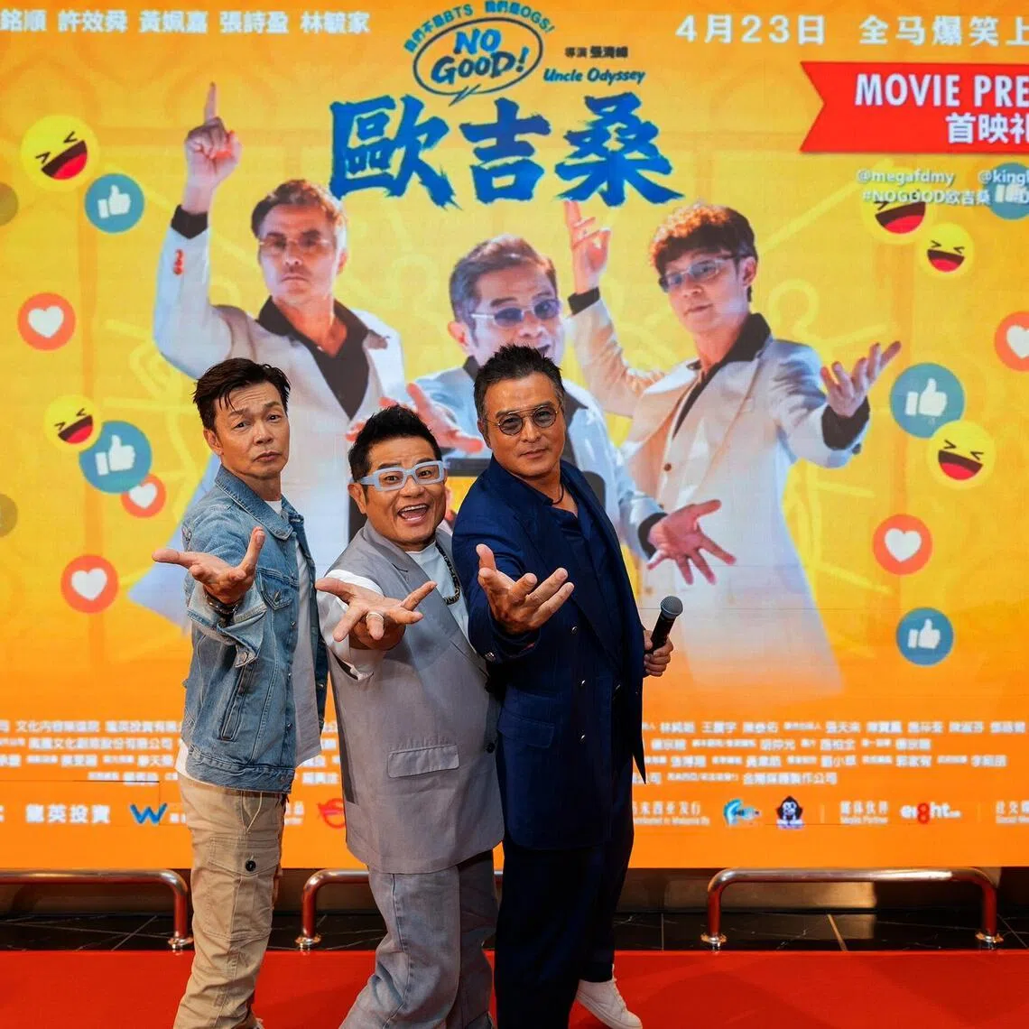 Singaporean actors Mark Lee (left), Christopher Lee (right) and Taiwanese actor Hsu Hsiao-shun (centre) promoting their upcoming film Uncle Odyssey, which opens here on April 16.